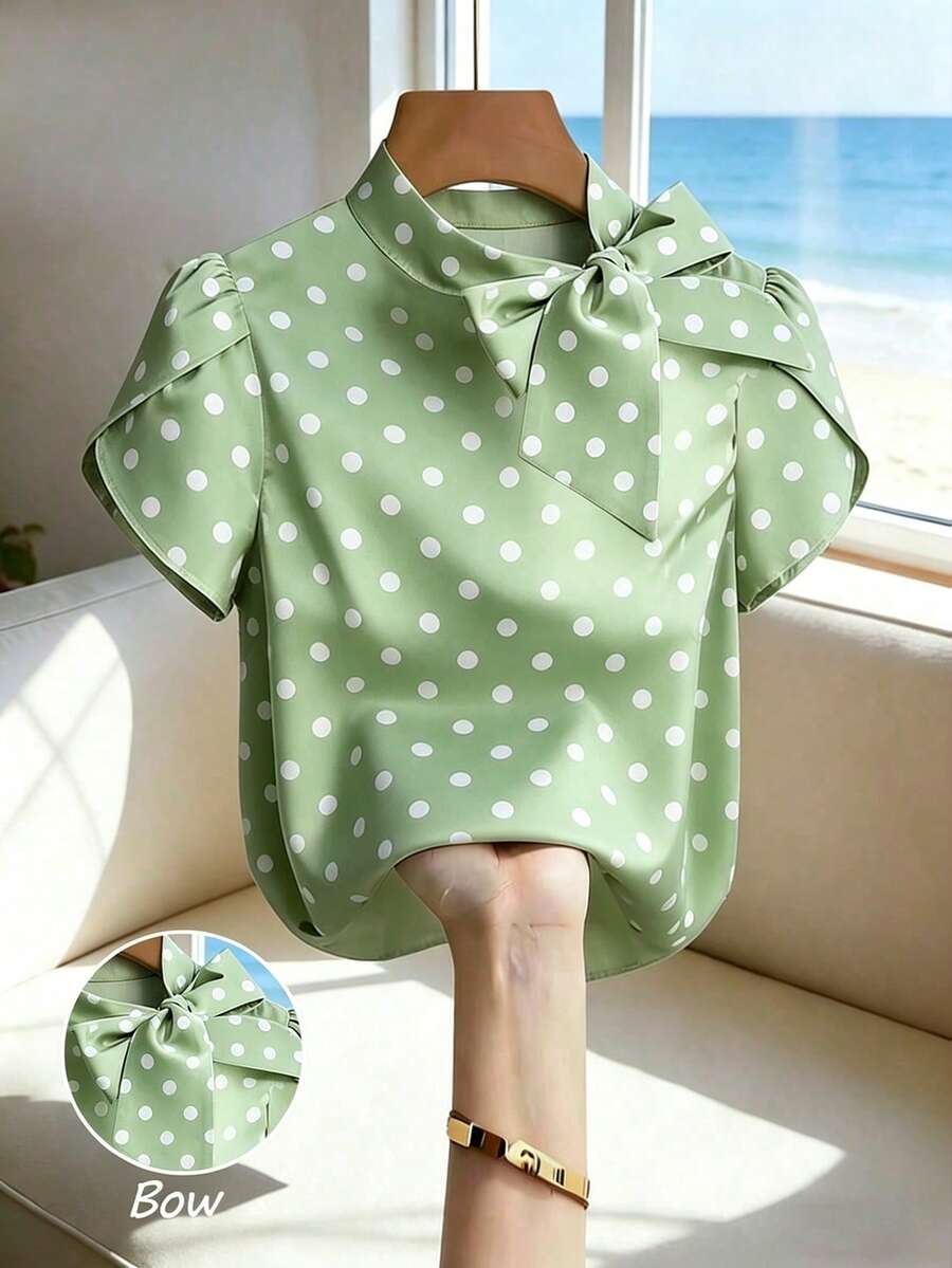 SHEIN LUNE 女士优雅蝴蝶结领短袖衬衫,时尚春夏女士上衣,红色夏季衬衫,派对装,波点修身衬衫,沙滩装,生日装 - 綠色 - 查看 1