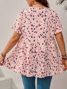 EMERY ROSE Plus Size Casual Resort Style Ruffled Sleeve Allover Print Shirt,Summer Outfits For Women/Summer,Tropical Vacation Woman Clothes - Coral Pink - View 2
