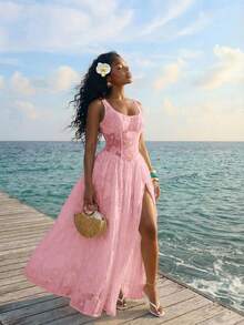 Slaydiva Vestido de resort con estampado floral blanco para mujer, adecuado para festivales de música, Día de San Valentín, Pascua, temporada de bodas, temporada festiva, uso casual y elegante para ir y venir, uso diario, atuendos de trabajo, vacaciones, fiestas, cruceros, básicos de fiesta, estilos y citas diarias. - Rosa - Ver 1