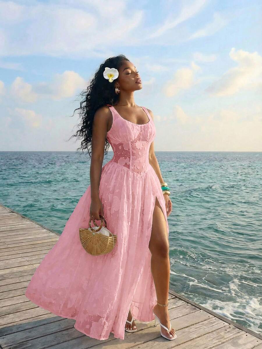 Slaydiva Vestido de resort con estampado floral blanco para mujer, adecuado para festivales de música, Día de San Valentín, Pascua, temporada de bodas, temporada festiva, uso casual y elegante para ir y venir, uso diario, atuendos de trabajo, vacaciones, fiestas, cruceros, básicos de fiesta, estilos y citas diarias. - Rosa - Ver 1