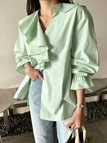 INAWLY V-Neck Patchwork Ruffle Hem Loose Blouse - Green - View 6