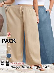 SHEIN CURVE+ Curve Size US22 音樂節海邊度假波希米亞風 柔和版型 2件組休閒紋理百褶褲 微透 秋季 淺藍色卡其色 - 彩色 - 查看 12