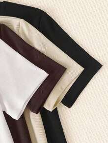 INAWLY New Women Plus Size Casual Waist Cinching Slim Fit Short Sleeve Knit T-Shirt Office Black Beige Chocolate Brown White Summer - Multicolor - View 4