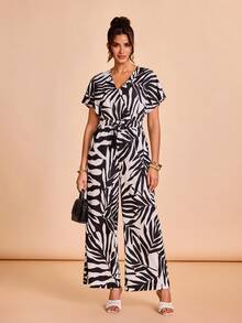 Shutterstock Glamance Plant Print V-Neck Batwing Sleeve Jumpsuit, Slimming Wide Leg, Suitable For Outing, Work Vacation, Office, Daily Gathering White Summer Tropical - Black and White - View 6