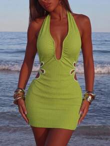Ure Wave Vestido de mujer con cuello halter plisado y textura hueca - Verde - Ver 4