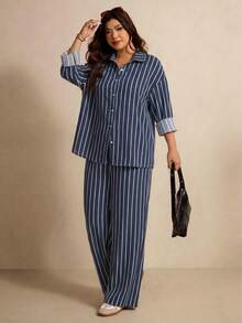 Elaquor Casual Minimalist Nautical Style Navy Blue Base Color Rope White Stripe Print Pattern Plus Size 2-Piece Set - Multicolor - View 1