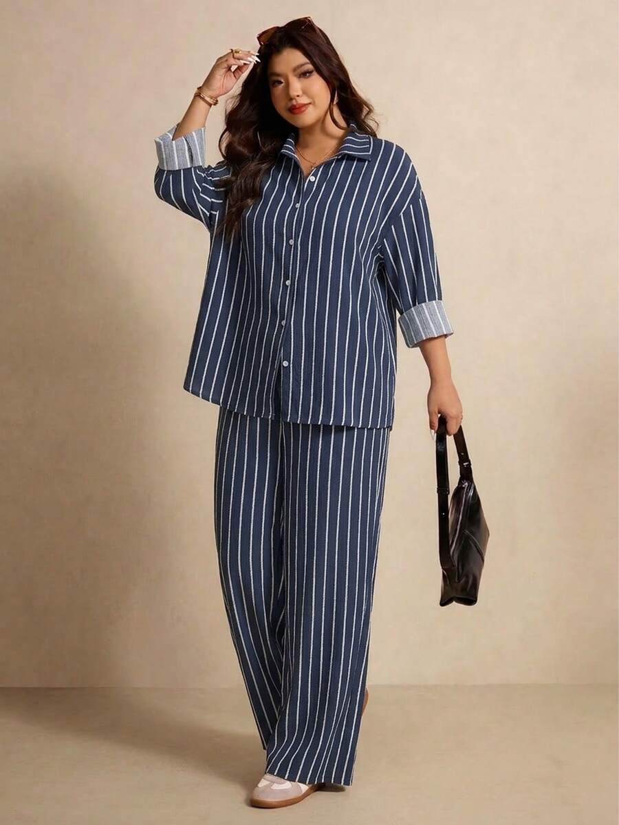 Elaquor Casual Minimalist Nautical Style Navy Blue Base Color Rope White Stripe Print Pattern Plus Size 2-Piece Set - Multicolor - View 1