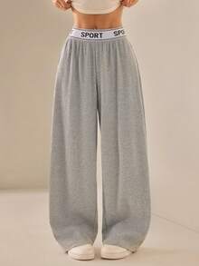 SHEIN PETITE Quần ống rộng nữ kiểu dáng thường ngày, có in chữ, cạp chun. - Xám - Xem 4