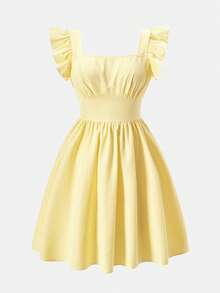 SHEIN Gaun Mini Lengan Pendek Bergaris Kuning & Putih untuk Remaja Putri, Manis & Elegan untuk Liburan Musim Semi/Panas - Kuning - View 3