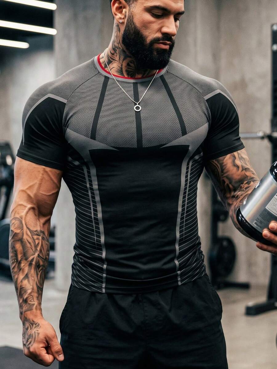 GymBeat Men's Striped Raglan Short Sleeve Sports T-Shirt, Gym, Holiday - Multicolor - View 1