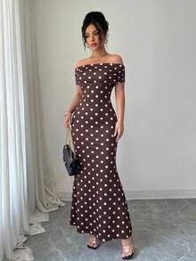 SHEIN Raffinéa New Arrival Off-Shoulder Backless Fitted Mermaid Hem Elegant Dress - Brown - View 3