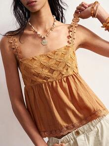 Bohemela Áo camisole nữ dệt họa tiết phối ren, kiểu dáng thường ngày. - trái cam - Xem 1