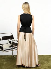 PRISCILA ESCOTO PRISCILA ESCOTO Women's Black V-Neck Design Dramatic Metal Buckle Decor Sleeveless Cinched Waist Shirt + Elastic Waist A-Line Gold Satin Fabric Skirt 2-Piece Summer - Gold - View 2