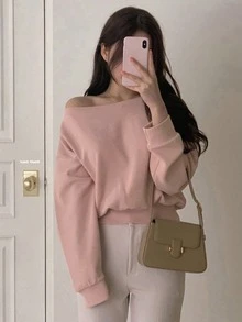 DAZY Ladies' Plain Asymmetrical Shoulder T-Shirt Long Sleeve Women Tops Off Shoulder Top - Pink - View 5