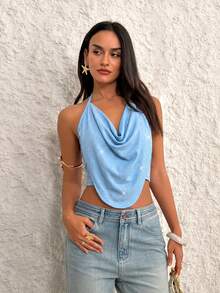 Firerie Top halter con frente drapeado y espalda descubierta para fiesta - Azul - Ver 8