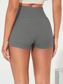 SHEIN BASICS Women's Solid Color High Waist Slim Fit Shorts - Grey - View 3
