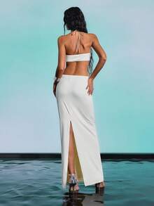 Barévion Women's Solid Color Pleated Halter Hollow Out Sexy Party Beach Dress White Summer - Yellow - View 9