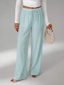 SHEIN Tall Loose Drawstring Waist Trousers In Textured Crinkle Fabric, Tall Women - Baby Blue - View 4