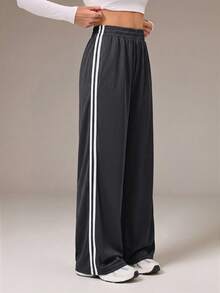SHEIN Tall Pantalones casuales grises con rayas laterales, moda sencilla para uso diario, para mujeres altas - Gris Oscuro - Ver 5