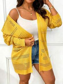 Elenzga Plus Size Solid Color Hollow Out Long Sleeve Casual Knit Cardigan - Yellow - View 3