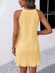EMERY ROSE Solid Color Round Neck Hollow Embroidered Sleeveless Casual Summer Dress - Yellow - View 2
