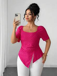 Elenzga Plus Size Women's Fashionable Elegant Square Neck Short Sleeve Cinched Waist Casual Pink T-Shirt - Hot Pink - View 5