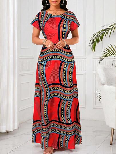 SHEIN Lady Đầm ngắn tay cổ tròn in họa tiết toàn thân dành cho nữ, thích hợp cho mùa hè.