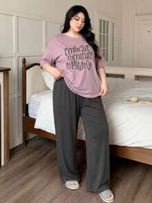 Dazy Plus Cute Girl's Casual Homewear Letter Print Short Sleeve Top And Solid Color Loose Pajama Pants Set, Plus Size, Spring/Summer - Dusty Purple - View 6