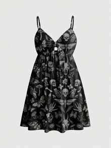 ROMWE Goth 哥特式蝴蝶飞蛾镂空性感系带加大码女士度假吊带裙 - 黑色 - 查看 1