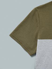 SHEIN Tween Boy Casual Comfortable Contrast Color Round Neck Short Sleeve Top And Solid Color Shorts 2-Piece Set - Army Green - View 5
