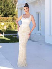 Glamrae Đầm maxi không tay bằng vải satin co giãn, màu vàng nhạt, thanh lịch và sang trọng, đính hạt và thêu, thích hợp cho dạ hội trang trọng dành cho nữ. - Vàng nhạt - Xem 4