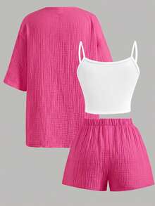 SHEIN Tween Girls' Summer Casual Vacation Textured Linen Shirt Set - Hot Pink - View 2
