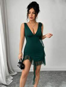 Rafferiza Women's Dark Green Summer 70s Night Out Party Dress,3D Floral Mesh Patchwork Deep V-Neck Bodycon Backless High Slit Ruffle Hem Mini Dress - Dark Green - View 6