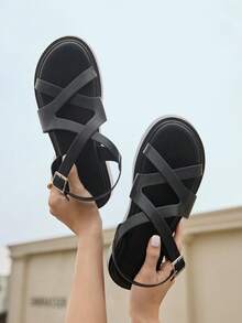 HighSole Giày sandal đế dày thông thường cho nữ, da PU màu trơn mũi tròn kiểu La Mã cho du lịch ngoài trời hàng ngày, giày thường ngày mùa hè thoải mái đa năng cao cấp cho mùa nghỉ dưỡng, dép đế dày, dép đế xuồng, dép quai mắt cá chân màu đen trơn mát mẻ - màu đen - Xem 6