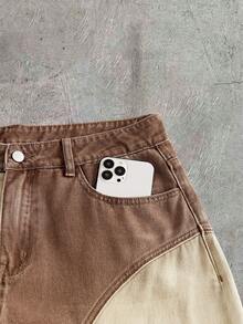 AXEPEAK Men's Pockets Button Patchwork Contrast Color Washed Retro Streetwear Denim Jeans Holiday Beige Summer - Brown - View 5