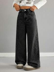 SHEIN Celana Jeans Khaki Longgar dengan Potongan Lebar untuk Remaja Putri - Hitam - View 4