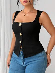Elenzga Plus Size Black Square Neck Sleeveless Ribbed Knit Crop Top Gold Sunflower Decor Button Fitted Bodycon Tank Top Curvy Figures Cocktail Summer Elegant - Black - View 7