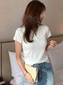 DAZY Women's Round Neck Solid Color Basic White Short Sleeve T-Shirt, Spring/Summer - White - View 4
