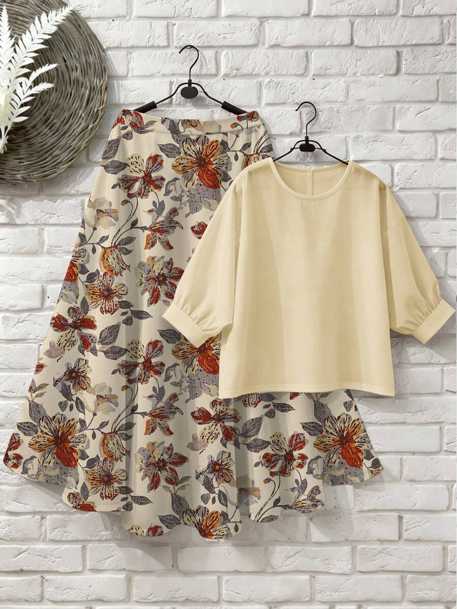 EMERY ROSE Blus Beige Ukuran Besar Leher Bulat Lengan 3/4 Mengembang & Rok Midi A-Line Mengembang Motif Bunga Vintage 2 Potong Setelan Serasi Pakaian Kasual Musim Panas Wanita - MultiWarna - View 1