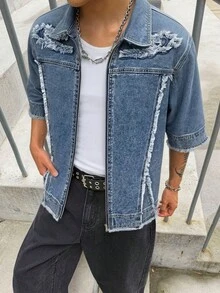 GALLERY FADE Frayed Distressed Denim Short Sleeve Jacket, Zipper Closure Vintage Washed Summer Outerwear - Blue - View 3