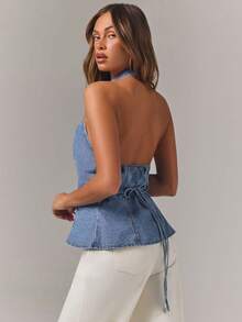 Athîral Denim 女士前系带休闲露背牛仔衬衫 - 中等水洗藍 - 查看 2