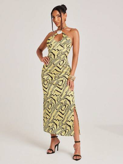 NYA SZN Dress Halter Neckline Shell Hardware Cutout Detail Maxi Length Brunch Casual Everyday Going Out Party Special Occasion Travel Vacation Office Siren Western Country Date Night Elegant Luxury Business Casual Event Everyday Brunch Office Gyaru Street Style Spring Summer Statement Unique Yellow Abstract Pattern Outfits For Women