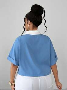 Maweii Summer Blue And White Plus Size Women Shirt,Smart Casual Office Elegant Loose Splice Niche Design Minimalist Vacation Fashionable Essential Blouse - Blue and White - View 3