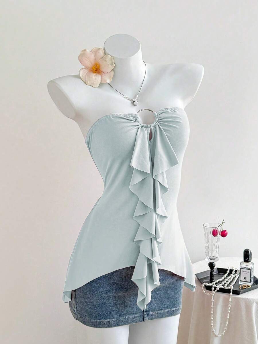 Elamini Summer Casual Solid Color Ruffle Bandeau Top - Baby Blue - View 1