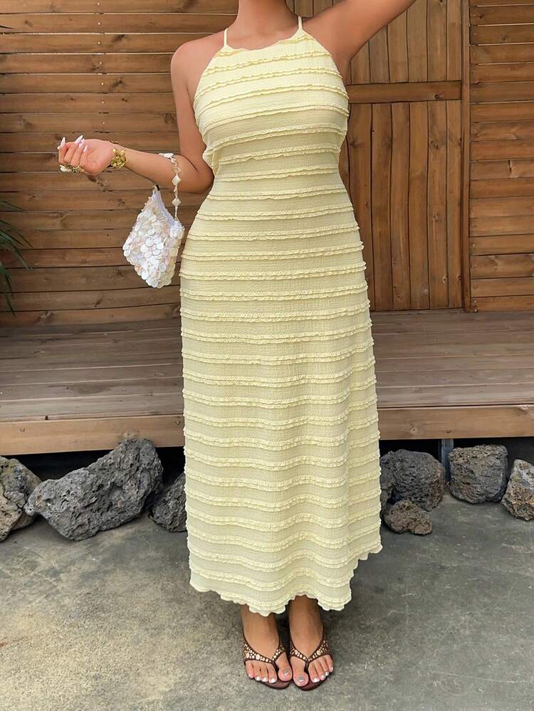 Dazy Plus Plus Size Solid Color Chiffon Ruffle Trim Wrap Vacation Style Backless Maxi Dress, Elegant Bright Yellow, Spring/Summer