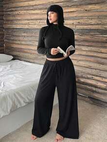 Dazy Plus Elastic Waist Loose Drawstring Straight Leg Sleepwear Bottoms, Plus Size Women Solid Color Pajamas - Black - View 2