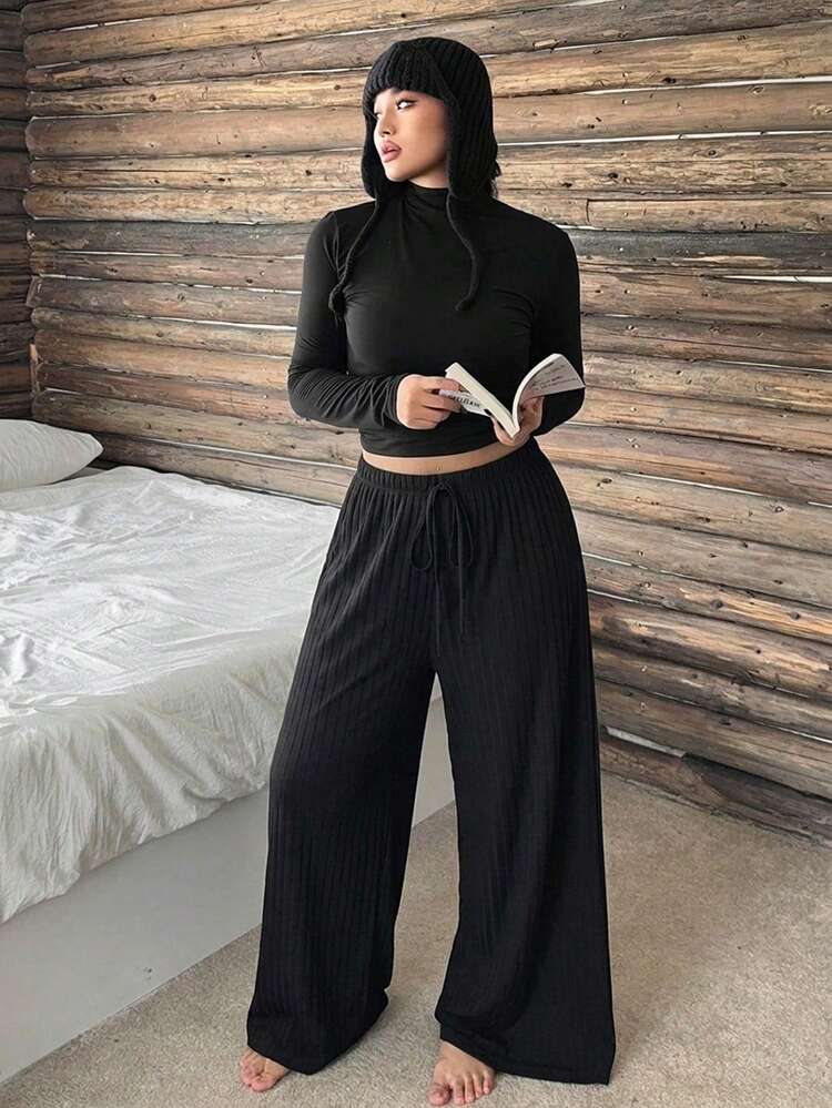 Dazy Plus Elastic Waist Loose Drawstring Straight Leg Sleepwear Bottoms, Plus Size Women Solid Color Pajamas