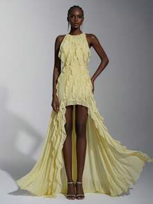 Elitara Elegant Minimalist Multi-Layered Ruffled Cold Shoulder Asymmetrical Fishtail A-Line Romantic Women's Formal Evening Gown - Light Yellow - View 6