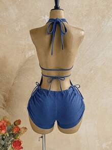 Soleia Women's Backless Halter Denim Romper - Blue - View 2