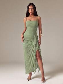 SHEIN PETITE Vestido camisola elegante de unicolor con volantes en el bajo, verano, vestidos para mujeres de verano, mujeres de talla pequeña - Verde - Ver 6